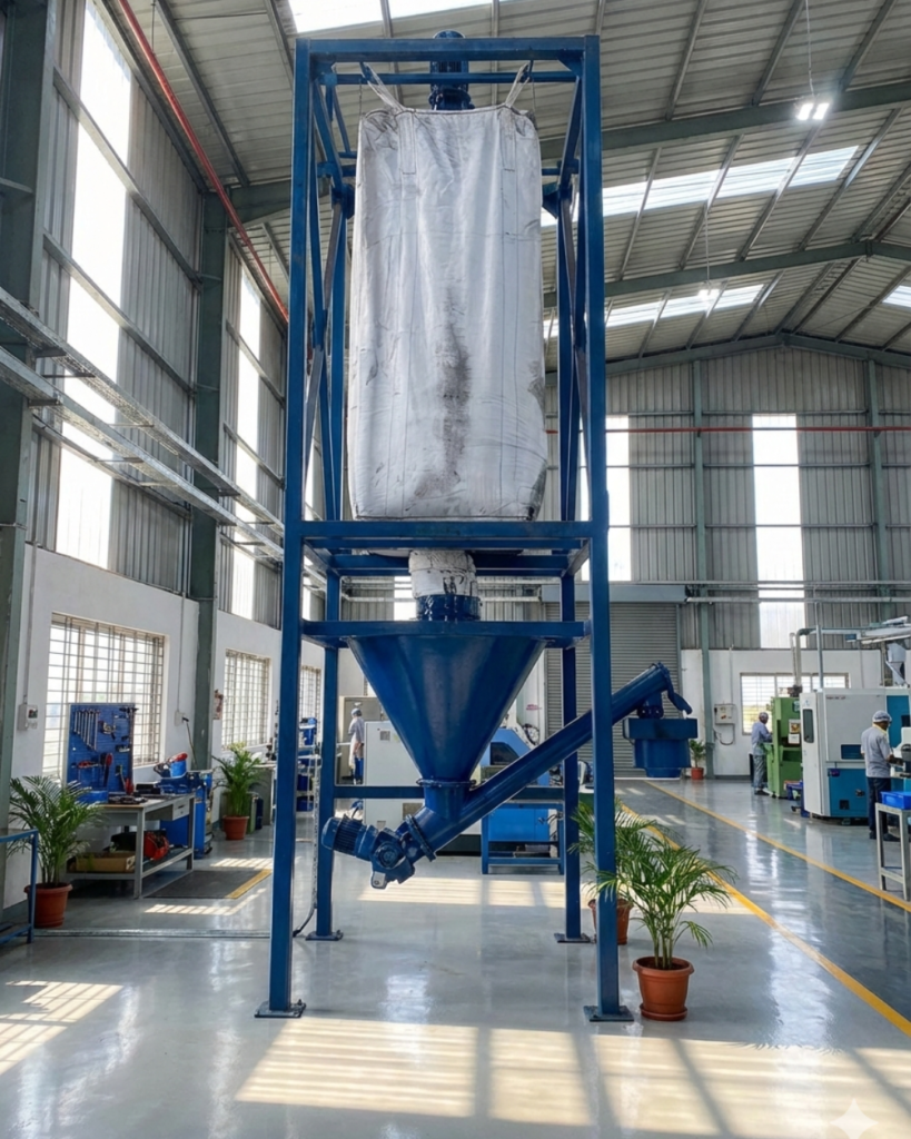 The Indus Jumbo Bag Discharger (also known as FIBC Unloader) is engineered for safe, efficient, and dust-free discharge of bulk materials from Flexible Intermediate Bulk Containers (FIBCs) / Jumbo Bags.