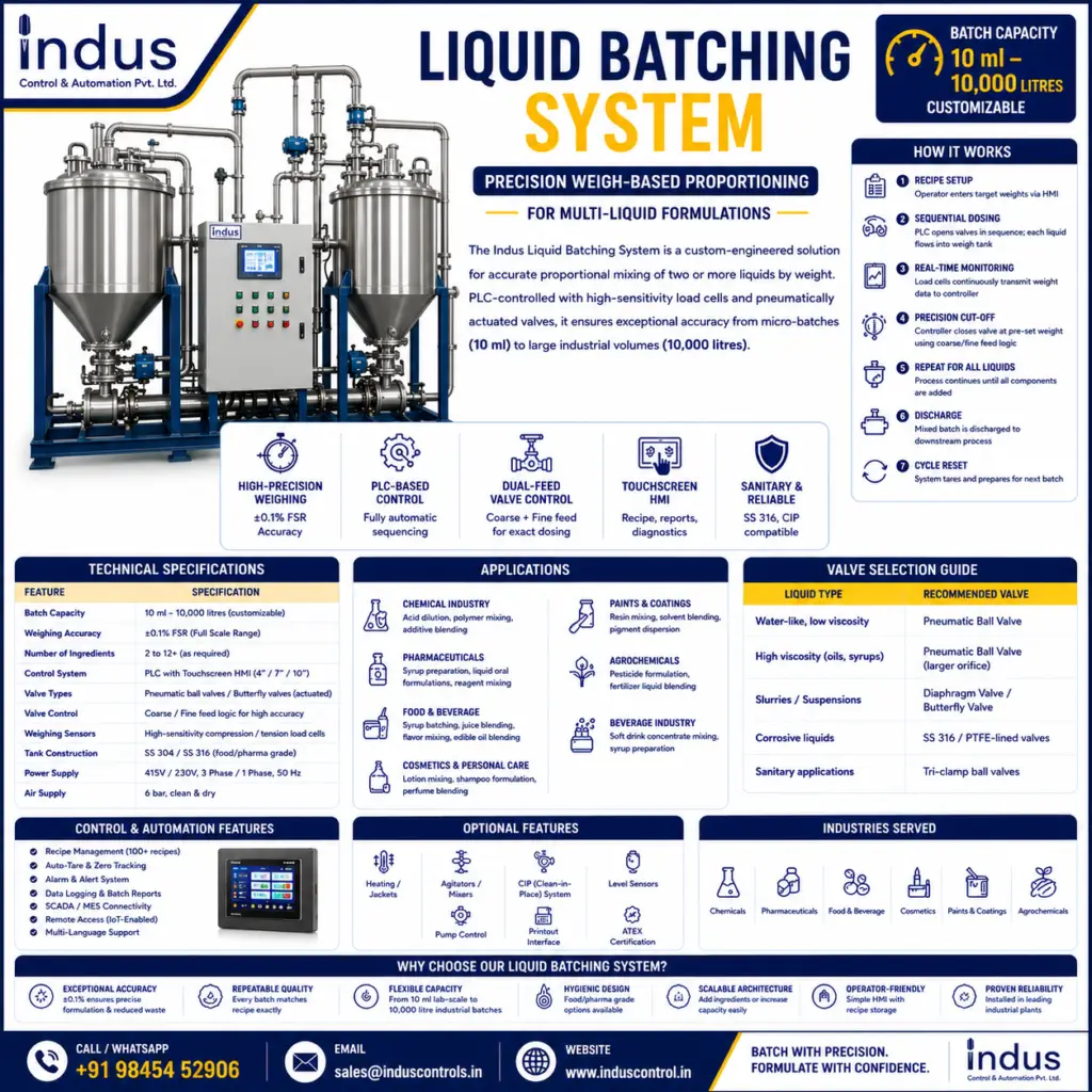 High-precision liquid batching system with ±0.1% accuracy. Handles 2–12+ liquids from 10 ml to 10,000 litres. PLC controlled with HMI. Hygienic SS 304/316 design. Ideal for chemical, pharma, food.
