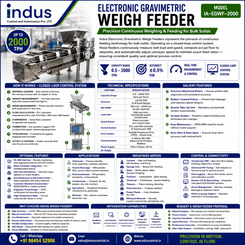 High-precision electronic gravimetric weigh feeder with ±0.5% accuracy. Capacities from 0.5 to 2000 TPH. Closed-loop control with PLC & VFD. Ideal for cement, steel, fertilizer industries.