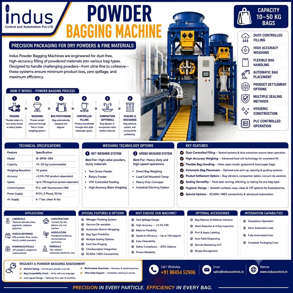 High-accuracy powder bagging machine with ±0.5% accuracy. Handles 10–50 kg, up to 700 bags/hour. Net weigher & gross weigher options. Vacuum de-aeration, nitrogen flushing, and checkweigher integration.