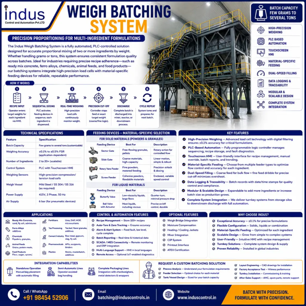 High-precision weigh batching system with ±0.1% accuracy. Handles 2–20+ ingredients from grams to tons. PLC controlled with HMI. Material-specific feeders for solids & liquids. Ideal for RMC, chemicals, feed, food.